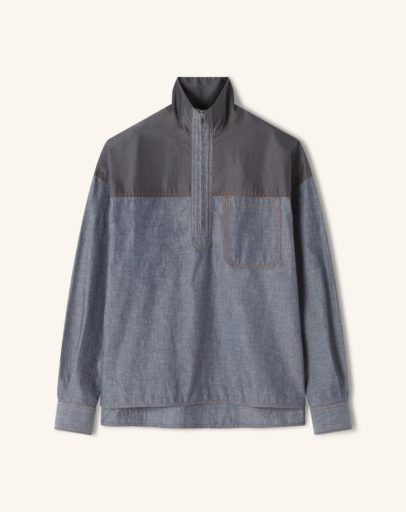 HIGH ZIP-NECK CHAMBRAY TOP